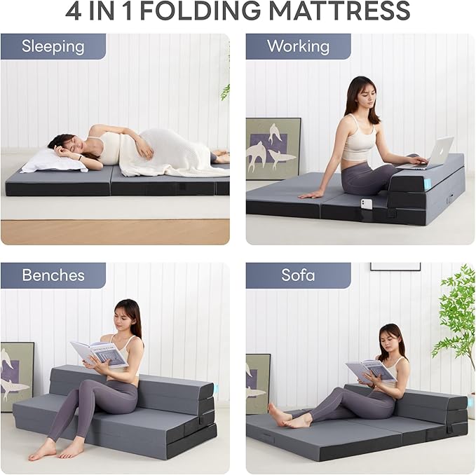 LIKIMIO Folding Mattress Queen, High Density Foam Mattress with Breathable and Washable Cover & Storage Bag, 4 Inch Foldable Mat Topper for Camping, RV and Yoga, Handle Design, Gray