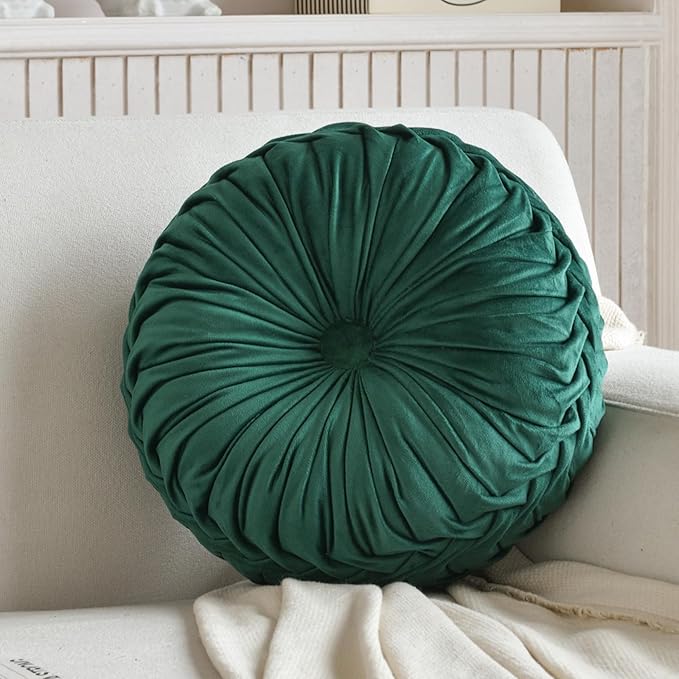 Round Throw Pillow Velvet Home Decoration Pleated Round Pillow Cushion for Couch Chair Bed Car Emerald Green