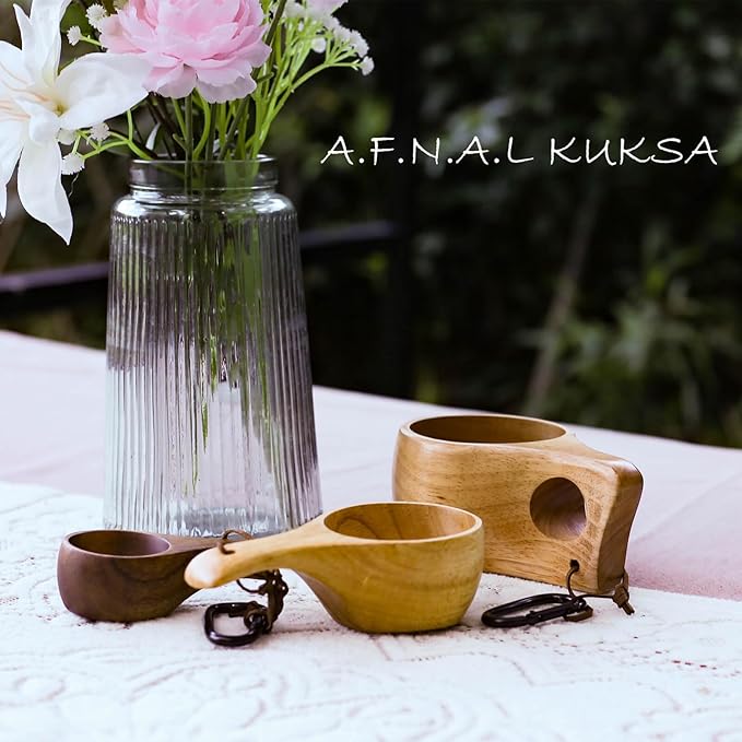 Kuksa Camping Mug Wooden Bushcraft Handcarved Cup, Nordic Style Coffee & Hiking Kuksa, Rubber Wood with Double Hole & Engraved Pattern, 7.1 oz., 6.3" x 3.8" x 2.6"