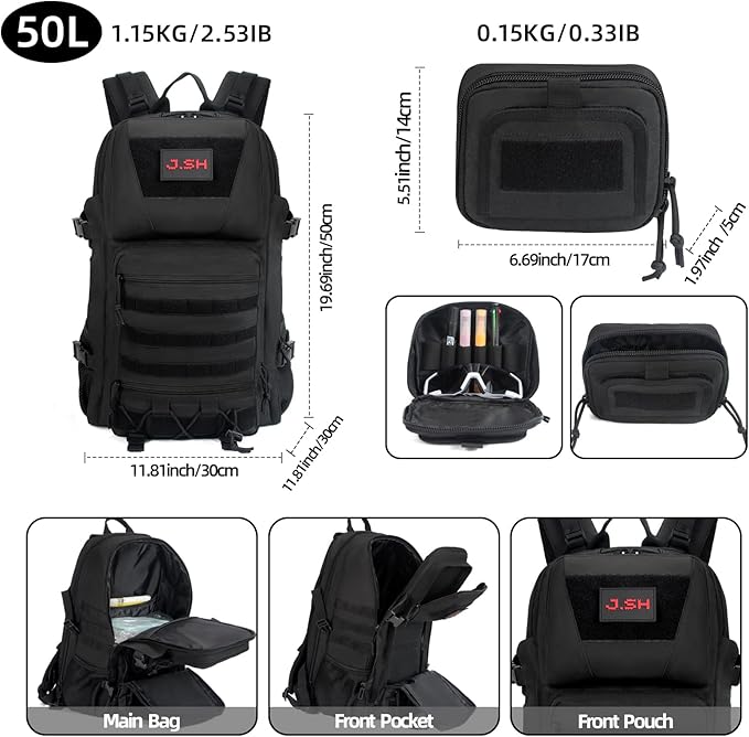 J.SH 50L Military Tactical Backpack for Men, 3 Day Assault Backpack, PVC Waterproof Coating & MOLLE System, Holds 17in Laptop Suitable for Hiking, Camping, Survival Training, Gym Backpacks - Black