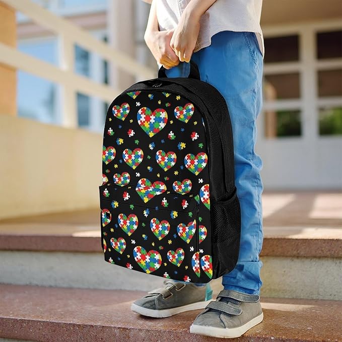 Supdreamc Polyester Daypack Backpack for Sports Travel Running, Big Capacity Anti-Theft Multipurpose Carry On Bag, Puzzle Pieces Heart Colorful Autism Awareness Laptop Book Bag Rucksack