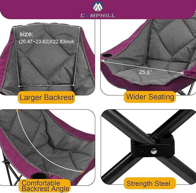 CAMPHILL Folding Camping Chair,Oversized Portable Camping Chair with Cup Holder and Phone Holder,Heavy Duty Padded Lawn Chair for Camping, Tailgates, Beach, and Sports