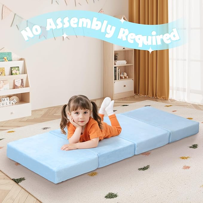 MeMoreCool Kids Folding Mattress, Trifold Mat Foldable Floor Mattress for Kids, 63x26 Tri Fold Floor Mat with Washable Cover and Carry Bag, Portable Floor Mat for Sleepover Daycare, Blue