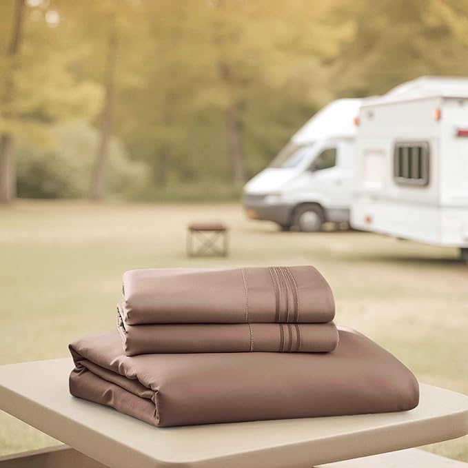 Hearth & Harbor Short Queen Sheets for RV, Chocolate Brown RV Queen Sheets, Silky Soft 1800 Microfiber Bed Sheet for Camper, 4 Piece RV Bedding with Pillowcases