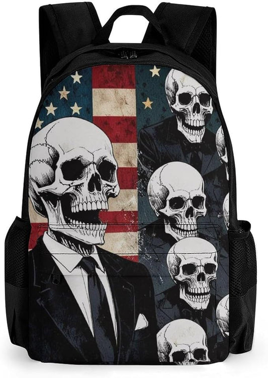 Lightweight Daypack Backpack for Sports Travel Running, Large Capacity Multipurpose Anti-Theft Bookbag, Skull American Flag Blue Red White Laptop Backpack Daypack