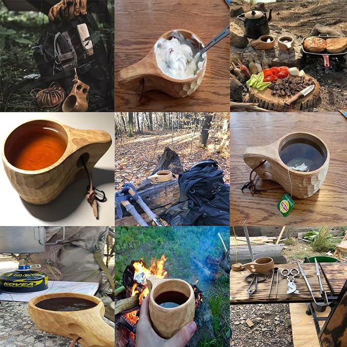 Sanrich Wooden Mug Kuksa Handcrafted Wood Camp Mug Survival Wood Cup Camping Cups & Mugs with Carabiner Leather Lanyard For Drinking Tea Coffee (6 ounces-smooth-two handle hole)