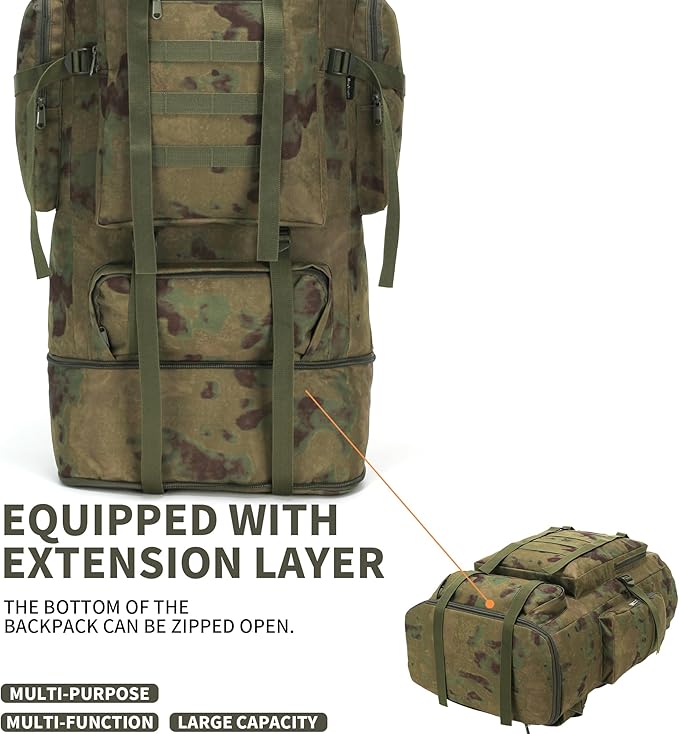 100L Hiking Camping Backpack MOLLE Rucksack Waterproof Daypack (RuinGreen)