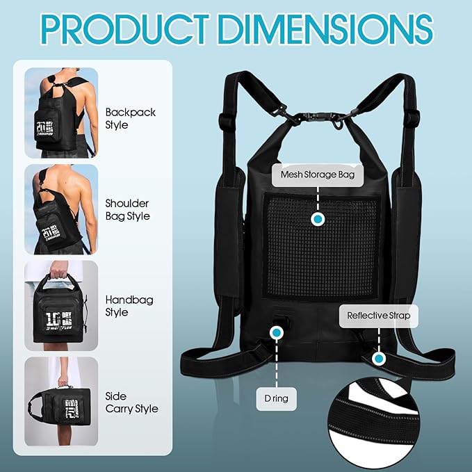 Dry Bag Waterproof,5L/10L/20L/30L Roll Top Dry Bag Backpack with WaterProof Phone Case for Swim,Kayak(Black 10L)