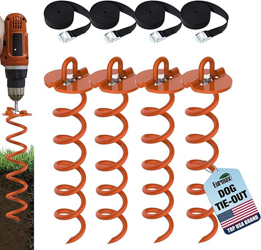 Eurmax USA 4-Pc Pack Spiral Stakes Heavy Duty Anchor Kit Ice Screw Anchor for Trampoline, Tents, tarps, Canopies,car Ports,Dog tie Out and etc Bonus Tie Down Straps 4-Pc Pack (Orange)