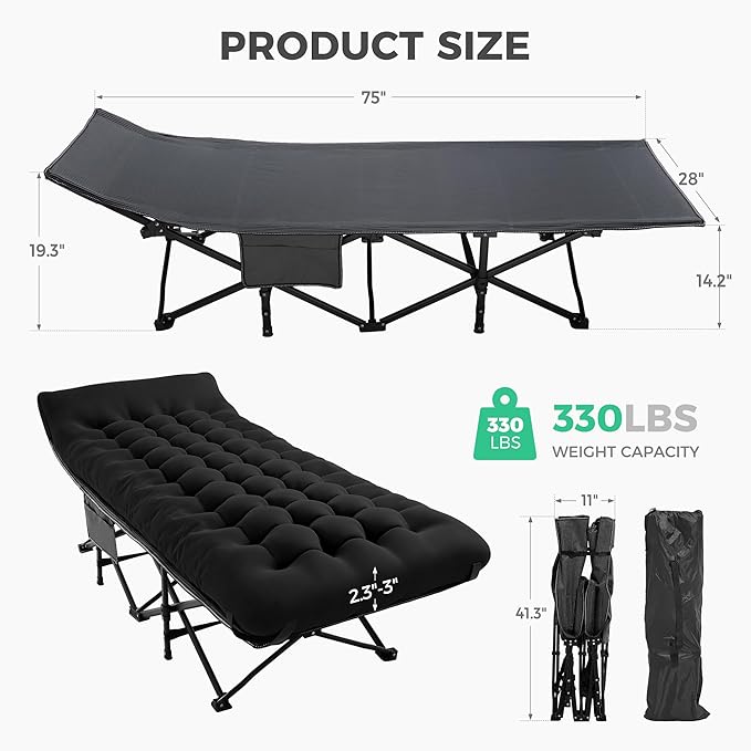 JEAREY 2-Piece Camping Cot for Sleeping 28" Extra Wide, Heavy-Duty 1200D Oxford Foliding Cots for Adults Portable with Mattress, Carry Bag for Guest, Travel, Hiking, Black