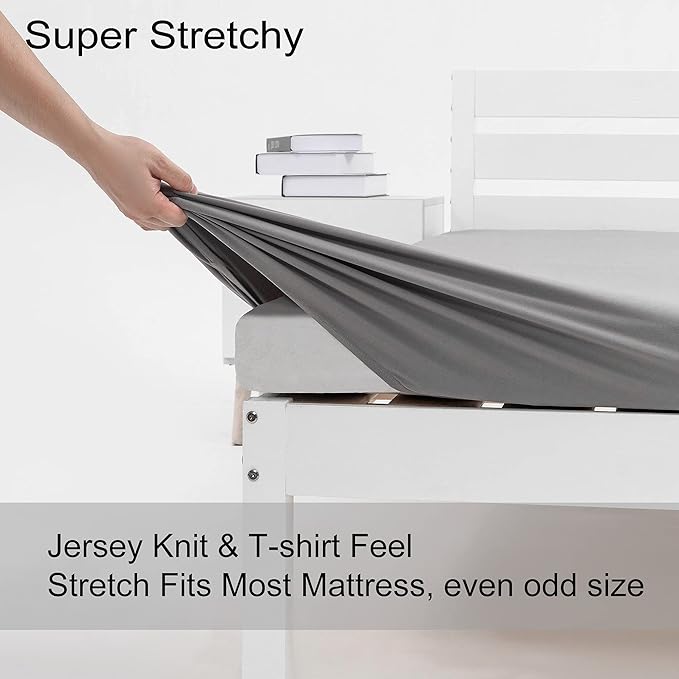 Cot Size Fitted Sheet Only - 4-Way Stretch Jersey Knit & Snug Fit for Bunk Beds, Camping, RV, Folding Beds, Boys & Girls, Wrinkle Free & No Slipping, Soft & Comfortable - Light Gray, Bunk/Cot Twin