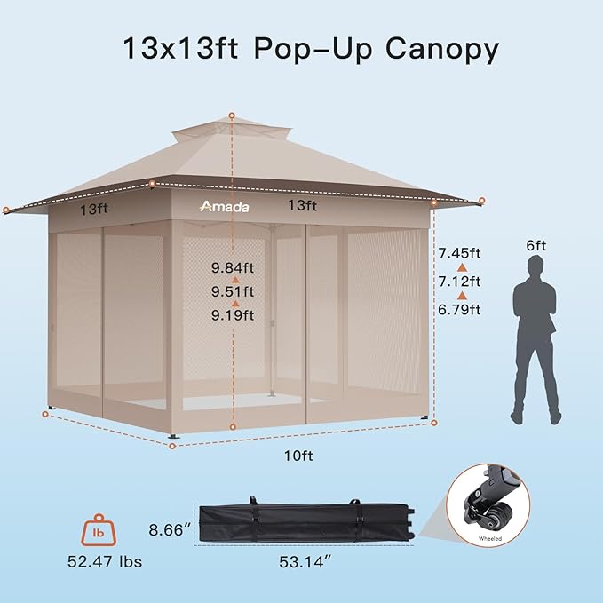 Amada 13x13 Pop Up Gazebo for Backyard & Patio Furniture,Gazebos on Clearance with Wheeled STO-N-Go Cover Bag,Carpa Pop Up Tent Party Tent and Shelter with Mosquito Netting for Lawn,Garden,Deck,Khaki