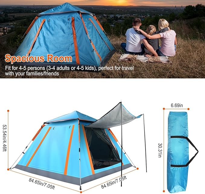 4-6 Person Pop-Up Camping Tent, Portable Instant Setup Family Tent with 2 Windows, for Hiking, Backpacking & Outdoor Adventures, Waterproof & Windproof