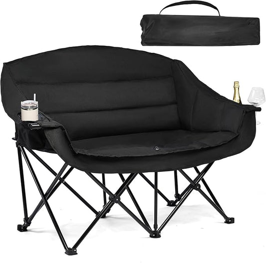 Double Camping Chair Padded Loveseat Chair for 2 Person - Heavy Duty Oversized Camping Couch for Adults Outdoor Sports Lawn Beach Portable Folding XL Chairs with Cup Holders and Carry Bag, All Black