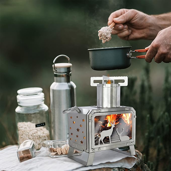 Portable Outdoor Camping Stove for Backpacking BBQ Hiking Picnic Cooking Stainless Steel Fire Stove(Small)