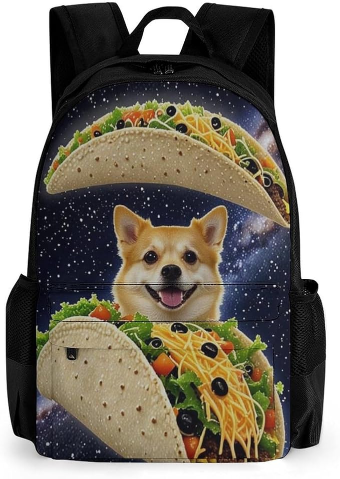Men Women Polyester Space Funny Corgi Dog Pizza Taco Daypack Big Capacity Shoulder Bag With Adjustable Shoulder Straps for Camping Travel Walking Cycling