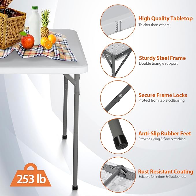 SUPER DEAL 3 Foot Square Folding Card Table, Indoor Outdoor Portable Plastic Heavy Duty Fold-in-Half Puzzles Camping Picnic Party Table with Carrying Handle, White