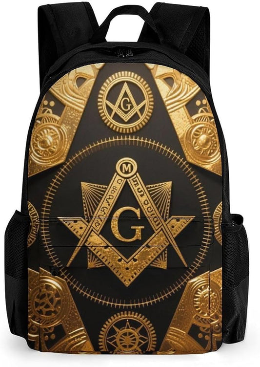 Rucksack Anti-Theft Multipurpose Big Capacity Carry On Bag, Gold Freemason Freemasonry Masonic Art Traveling Camping Backpack With Side Pockets