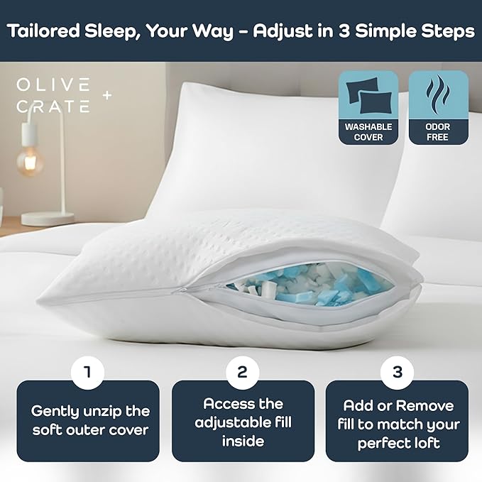 Olive + Crate BreathePure® Adjustable Loft Shredded Memory Foam Pillow - Queen Size - Cooling Pillow, Hypoallergenic Bed Pillows, CertiPUR-US Certified Foam, Ideal for Back, Stomach and Side Sleeper