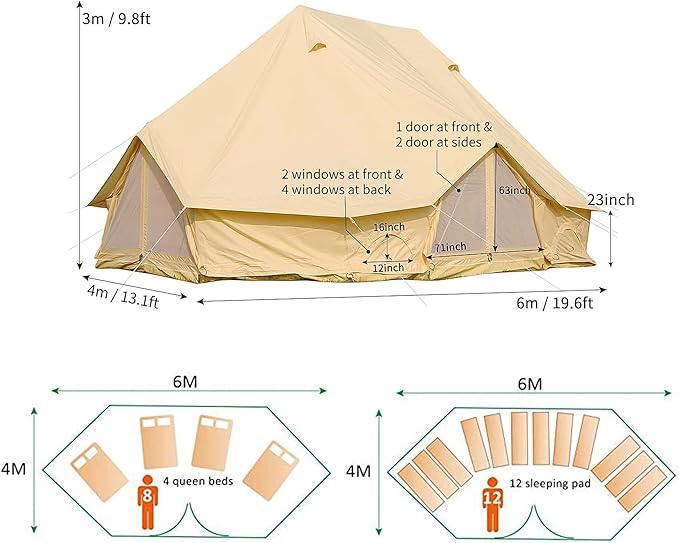 GeRRiT Outdoor Bell Tent 4-Season Luxury Large Yurt Tents 6 Meters 3 Doors Waterproof Portable Glamping Bell Tent 8-12 Persons Cotton Canvas Tent with Hook for Family Camping Hiking Hello