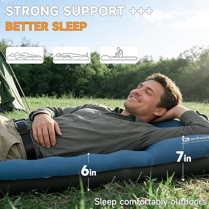 Camping Sleeping Pad, 6" Extra Thick Sleeping Mat with Pillow Built-in Foot Pump, 32.7" Extra Wide Inflatable Sleeping Pads Compact for Camping Backpacking Hiking Traveling Tent (Blue)