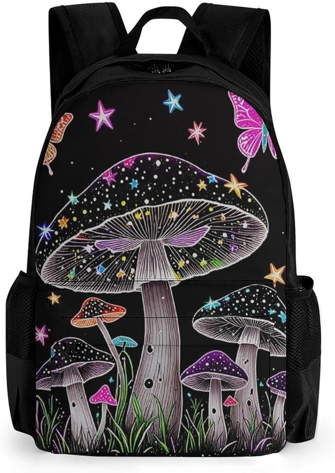 Men Women Polyester Trippy Mushroom Butterflies Glowing Psychedelic Art Daypack Big Capacity Shoulder Bag With Adjustable Shoulder Straps for Camping Travel Walking Cycling