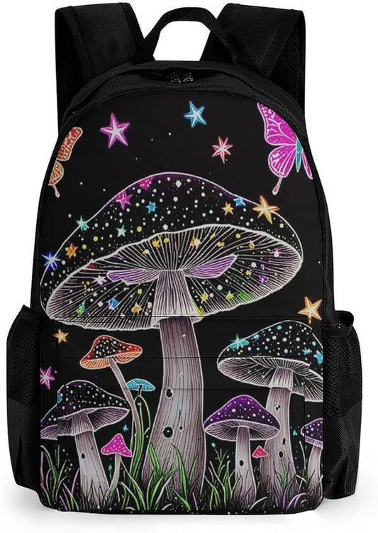Men Women Polyester Trippy Mushroom Butterflies Glowing Psychedelic Art Daypack Big Capacity Shoulder Bag With Adjustable Shoulder Straps for Camping Travel Walking Cycling