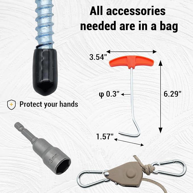 12 Pack Screw in Tent Stakes Heavy Duty-8” Metal Pegs for Ground, Drill in Camping Stake with Ratchet Tie Downs, Hex Head Driver, Spikes Puller, Protectors in a Carrying Bag, for Hiking