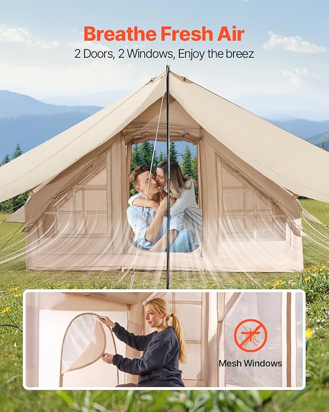 VEVOR Inflatable Tents for Camping, Easy Setup Blow up Tent with Hand Pump, 4 Season Glamping Tent with Stove Jack, Doors & Mesh Windows, Storage Bag Included for Easy Taking