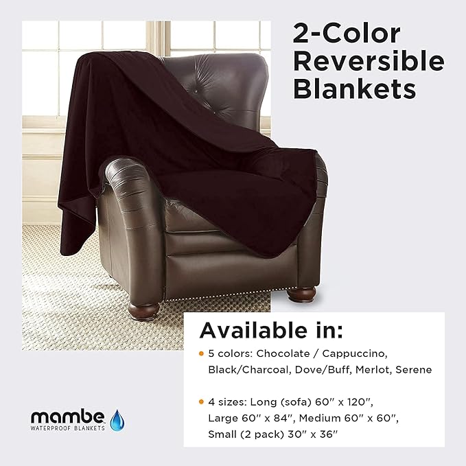 Mambe Silky Waterproof Throw for Protecting Furniture Bed Couch from Stains Caused by Dogs, Cats, Incontinence. Soft, Washable, Reversible. (Size Medium 70x70 inches, Color Merlot)
