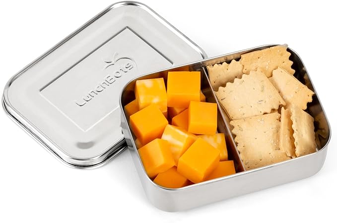 LunchBots Small Snack Packer Bento Box - Extra Small Divided Stainless Steel Snack Container - 2 Compartments for Fruits, Vegetables and Finger Foods - Dishwasher Safe – Stainless Lid
