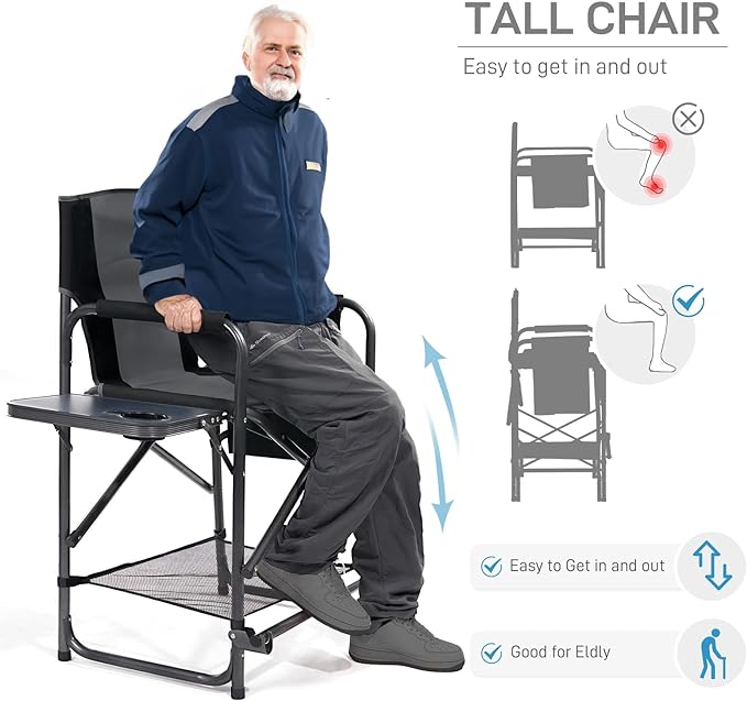 EVER ADVANCED 2 Piece Medium Tall Directors Chair Foldable Makeup Artist Chair Bar Height with Side Table Cup Holder and Pocket Footrest, Supports 400LBS Grey, Seat Height: 23.2 inches