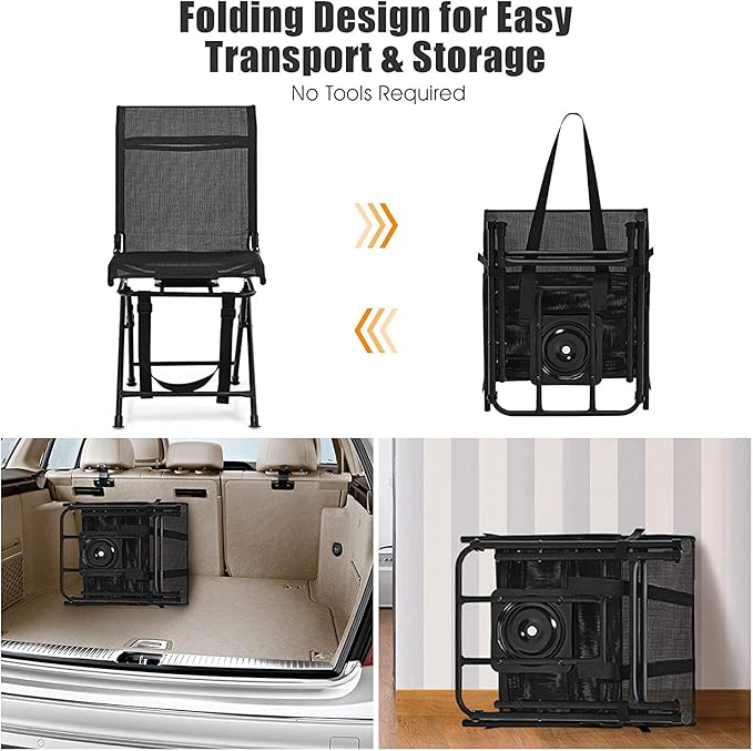 Moccha 360-degree Swivel Blind Chair, Foldable Hunting Chair w/Mesh Back & Non-Slipping Pads, Multi-Position X Steel Frame Portable Outdoor Chairs for Camping, Hunting, Fishing, Black