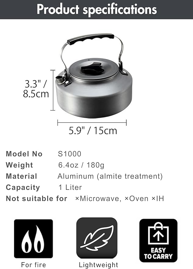 CAMPINGMOON Camping Kettle 1L Portable Ultra-Light Coffee Tea Pot S1000