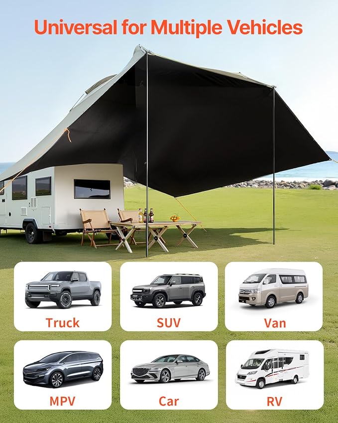 VEVOR Versatility Camping Tent, Auto Canopy Sun Shade UV50+ PU3000mm, Car Tailgate Sun Shelter for Truck Bed, SUV, RV, Van, Trailer and Overlanding, Portable Teardrop Awning Canopy Tear Resistant Tarp