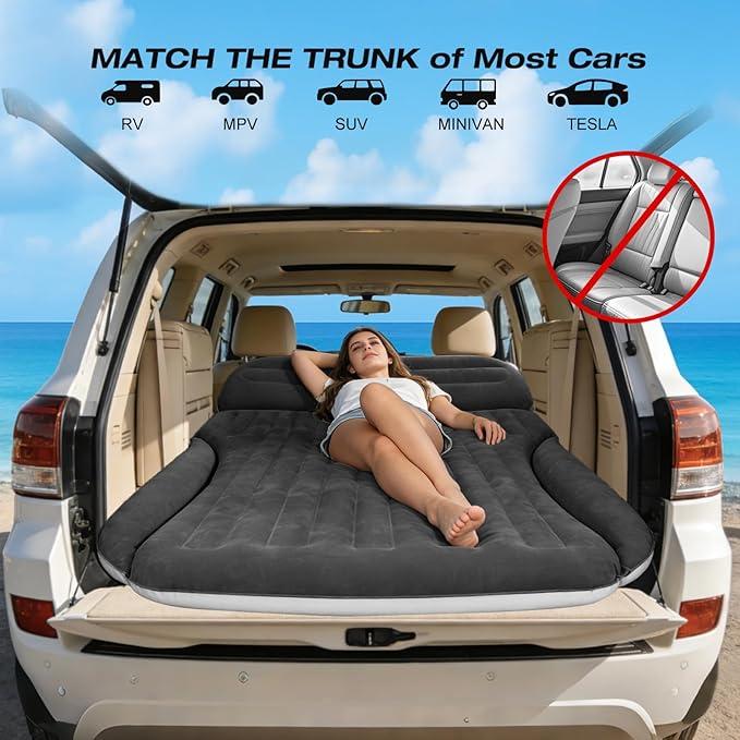 SUV Air Mattress, Double-Sided Thick Flocked Car Air Mattress with Built-in Pump & Pillow, Complete Sleeping Accessories for Auto Camping & Road Trips（Dark Coffee）