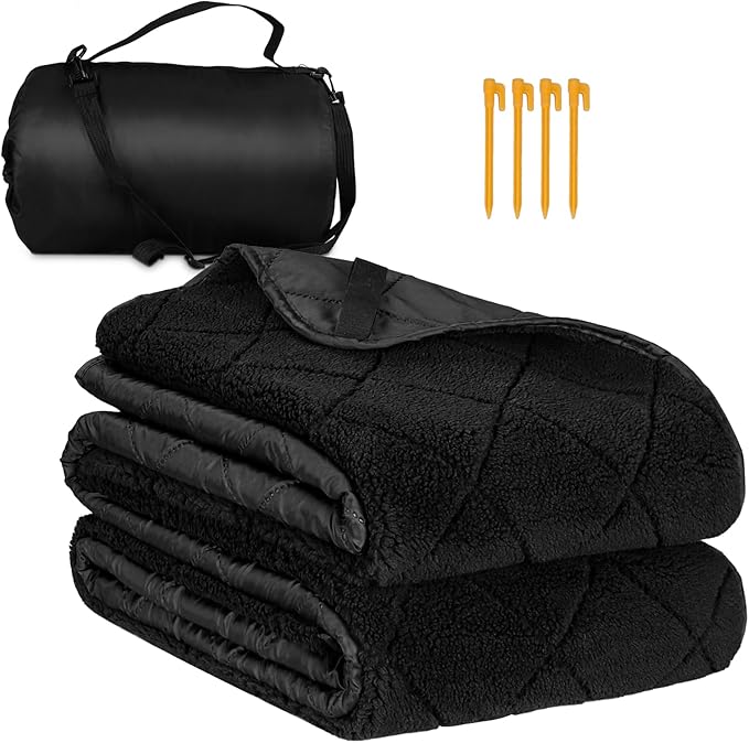 Northroad Waterproof Camping Blanket with Sherpa Lining, Large Windproof Outdoor Blanket for Cold Weather, Light Weight and Warm for Picnic, Stadium, Dog, Concert, 55"x82" (Black, 1PCS)