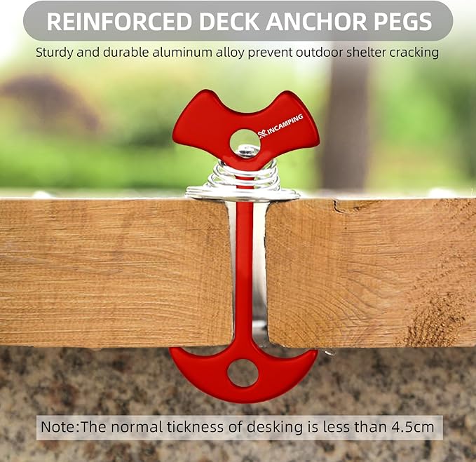 Deck Anchors XINCAMPING 12pcs Aluminum Tent Pegs for Wooden Decks, Windproof Rope Tighteners & Adjusters for Tents, Canopies, Camping Furniture Red