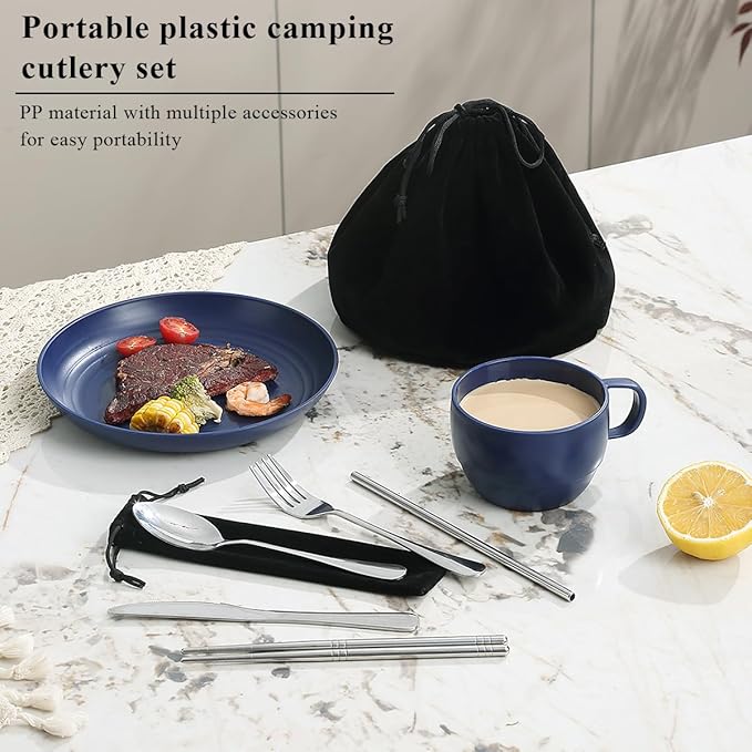 Camping Essentials Set, HOMQUEN Camping Plates and Bowls Set, Coffee Mug, Travel Cutlery Set Include Spoon, Fork, Knife for Work, Outdoor,Picnic, Camp (Blue)