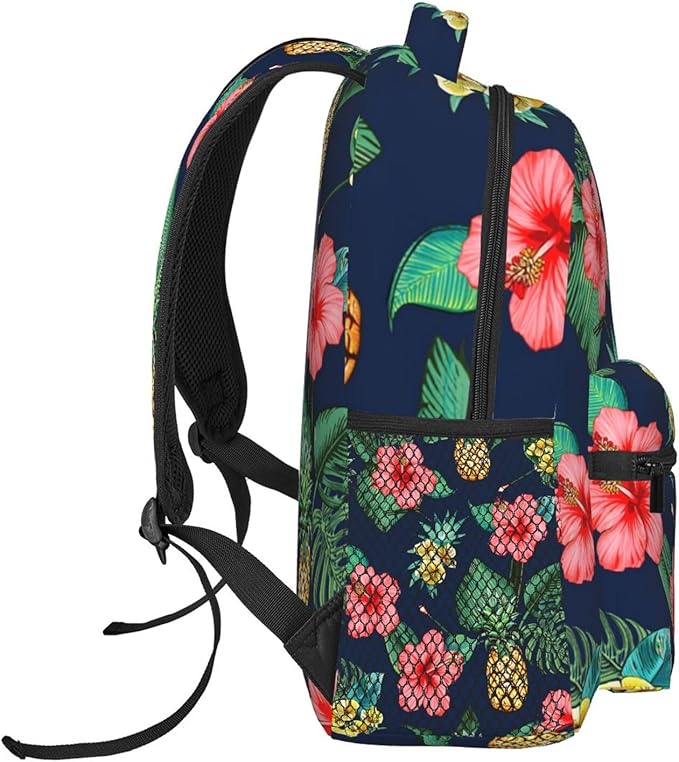 Daypack Polyester Anti-Theft Multipurpose Hawaiian Flower Party Pineapple Art Bookbag Big Capacity Gym Outdoor Hiking Backpack With Adjustable Shoulder Straps