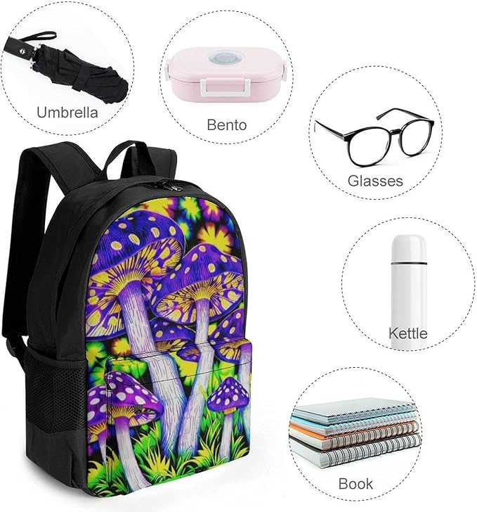 Supdreamc Men Women Polyester Psychedelic Trippy Mushrooms Art Daypack Big Capacity Shoulder Bag With Adjustable Shoulder Straps for Camping Travel Walking Cycling