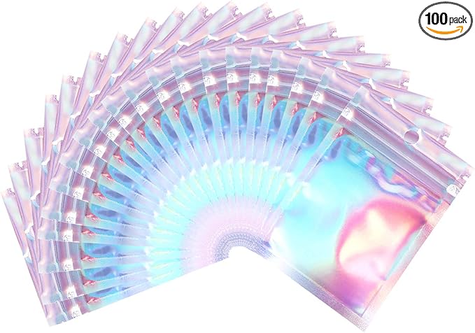 2x3 inch 100PCS Resealable Smell Proof Bags–Holographic Packaging Foil Pouch Baggies, Clear Small Mylar Bag for Jewelry,Candy,Food Storage,Business