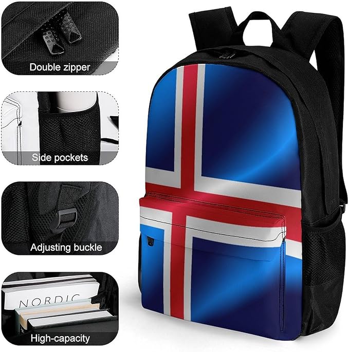 Polyester Daypack Backpack for Climbing Outdoors Running, Big Capacity Multipurpose Anti-Theft Bookbag, Flag Of Iceland Travel Hiking Camping Rucksack