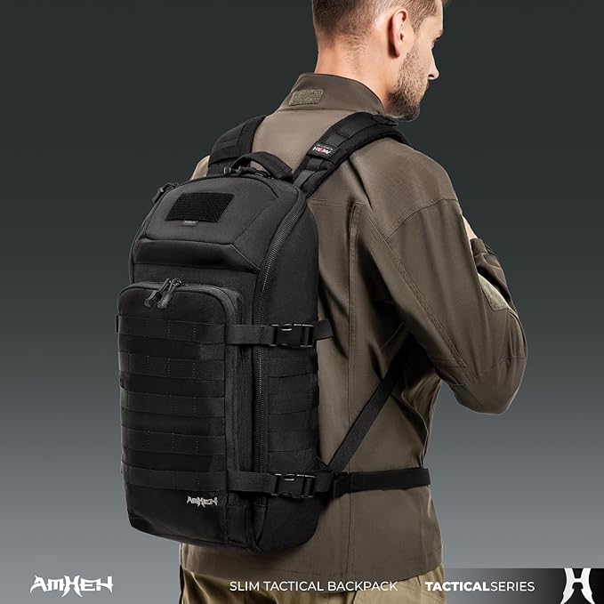 20L Slim Tactical Backpack - Suspended 13" Laptop Compartment, Rugged MOLLE Daypack for Everyday Carry, Work, Travel (Black)