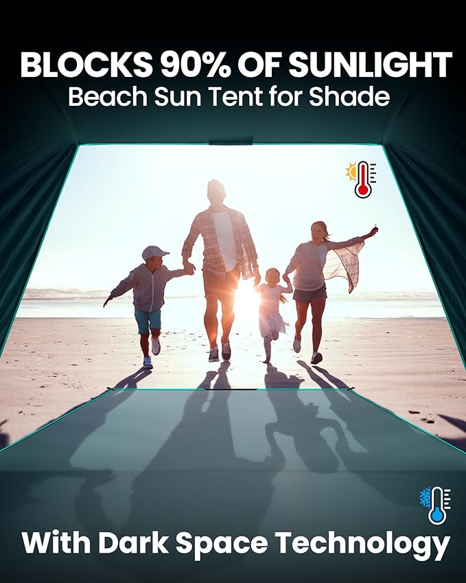 OutdoorMaster Beach Tent with Blackout Shelter Technology, Portable Sun Shade Shelter 4 Person, Pop Up Beach Tents with UPF 50+ UV Protection, 9.5mm Thick Pole, 3 Ventilating Mesh Windows -Green