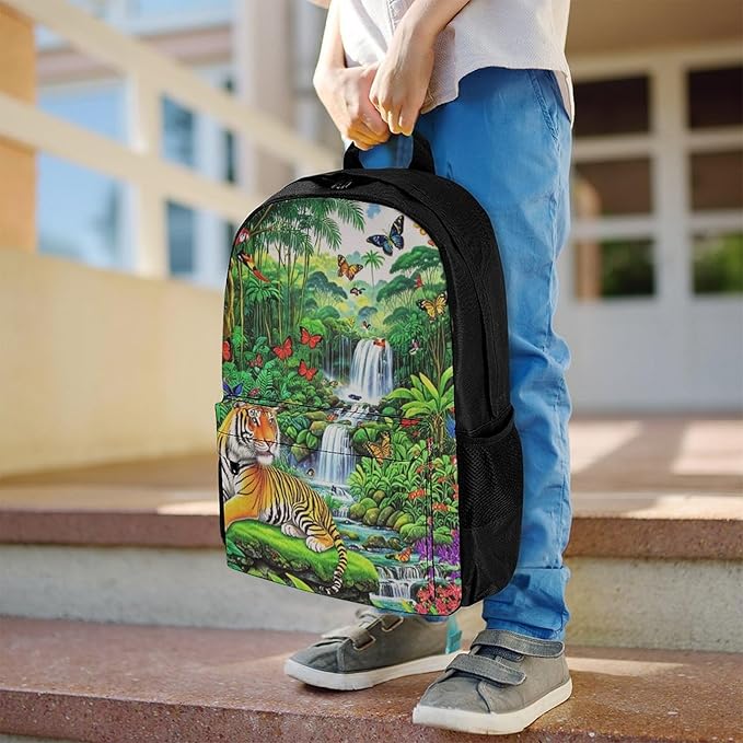 Daypack Backpack Multipurpose Anti-Theft Large Capacity Bookbag, King Of The Tiger Tropical Rainforest Landscape Jungle Parrot Birds Travel Hiking Camping Rucksack With Adjustable Shoulder Straps