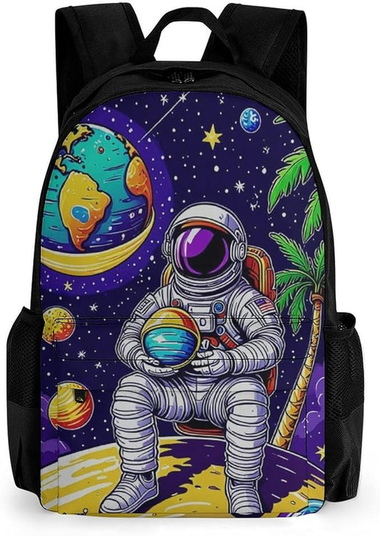 Daypack Bookbag Anti-Theft Multipurpose Large Capacity Bookbag, Space Astronaut Galaxy Palm Tree Art Travel Hiking Camping Rucksack With Adjustable Shoulder Straps