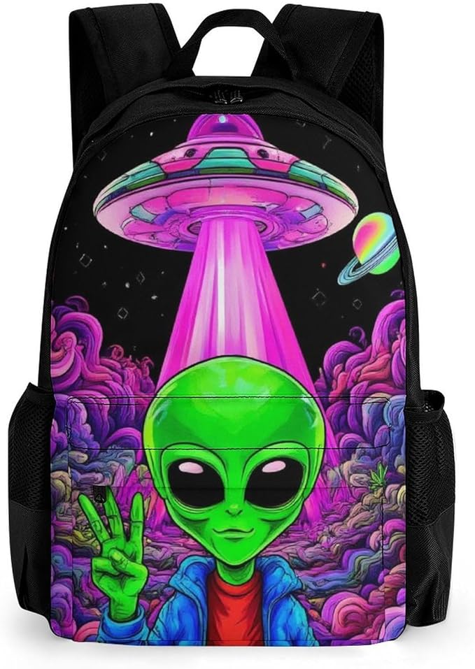Backpack Polyester Multipurpose Anti-Theft Trippy Space Alien Marijuanaweed Art Shoulder Bag Big Capacity Gym Outdoor Hiking Backpack With Padded Straps