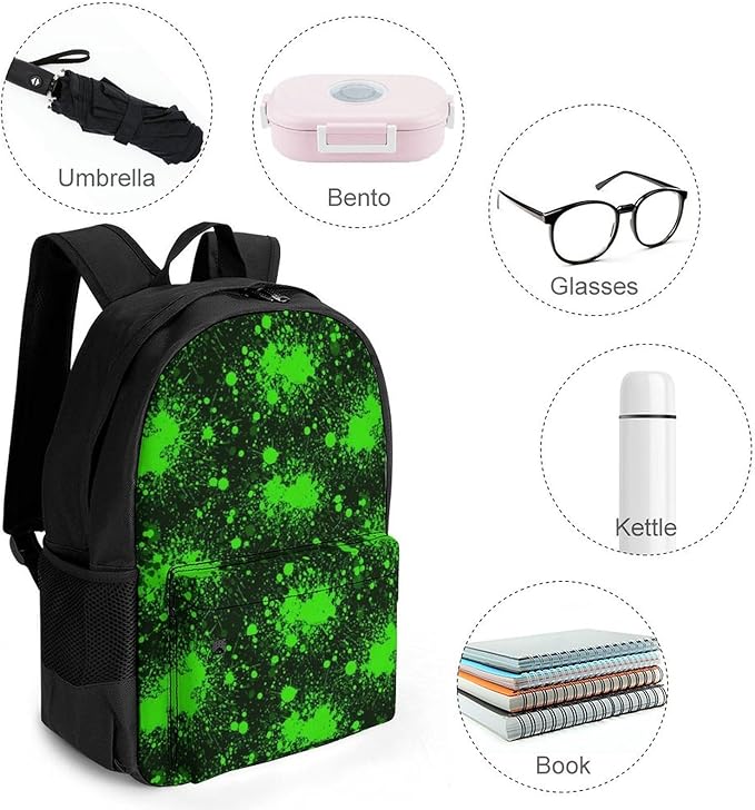 Rucksack Polyester Anti-Theft Multipurpose Green Paint Splatter Black Bookbag Big Capacity Travel and Sport Backpack Rucksack With Side Pockets