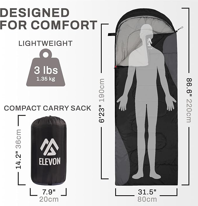Elevon Sleeping Bag for Adults Teens Kids Cold Warm Weather, Portable Waterproof & Lightweight, Compact with Compression Sack, for 3-4 Seasons Camping, Backpacking, Hiking, Travel, Indoors Outdoors